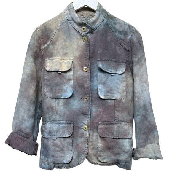Pure Linen Utility Jacket Medium Blue Purple Tie Dye Cargo Womens Artsy Boho - Picture 1 of 12
